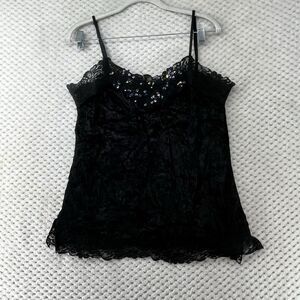 Y2K Black Velvet Cami Top Lace Trim Sequin Sultry Detail Sleeveless‎ Tank Top